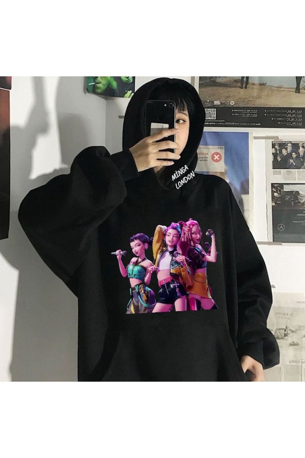 Unisex Girl Style Colorful Printed Black Oversized Sweatshirt