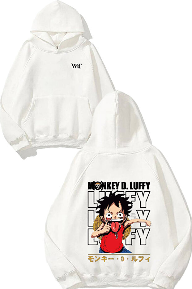 سويت شيرت Monkey D Luffy Design Back مطبوع أبيض بغطاء رأس