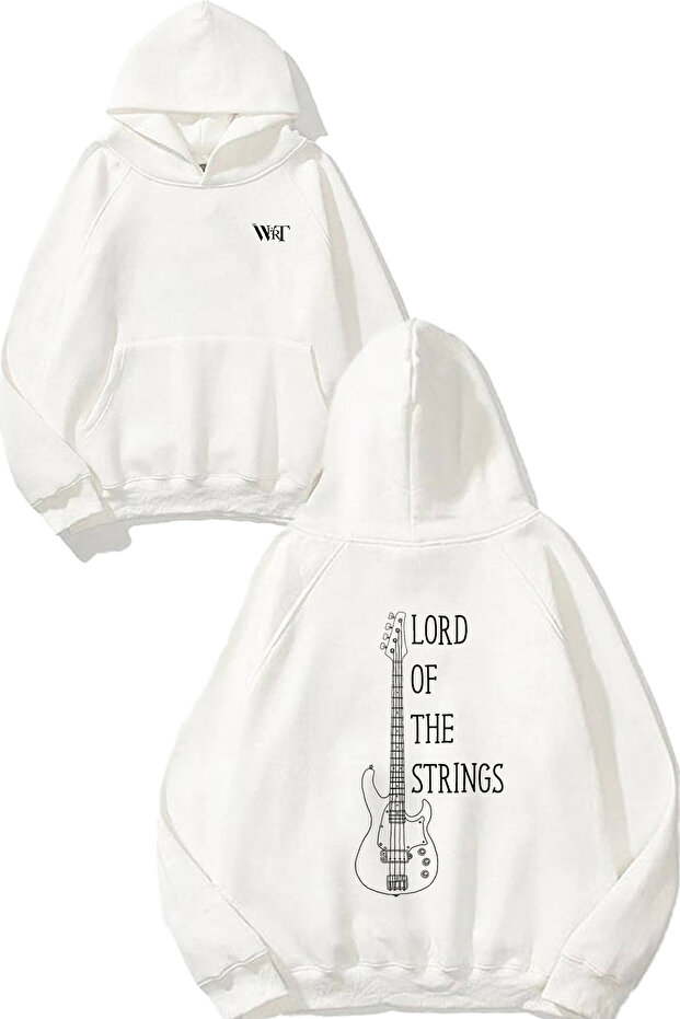سترة Lord Of The Strings Design Back مطبوع باللون الأبيض بغطاء رأس
