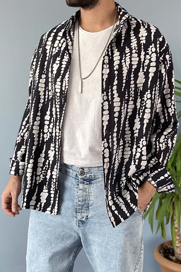 Black Patterned Long Sleeve Oversized Shirt