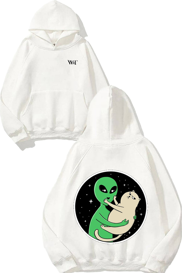 سويت شيرت بتصميم Alien And Cat مطبوع أبيض بغطاء رأس
