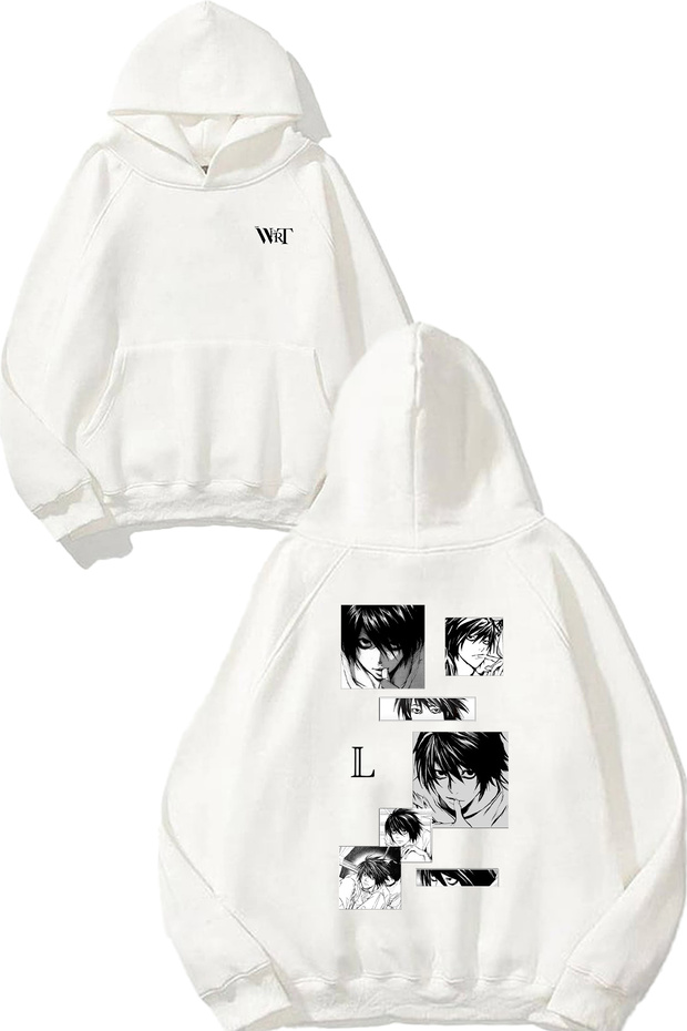 Death Note L Poster Design Back Printed White Hooded Sweatshirt