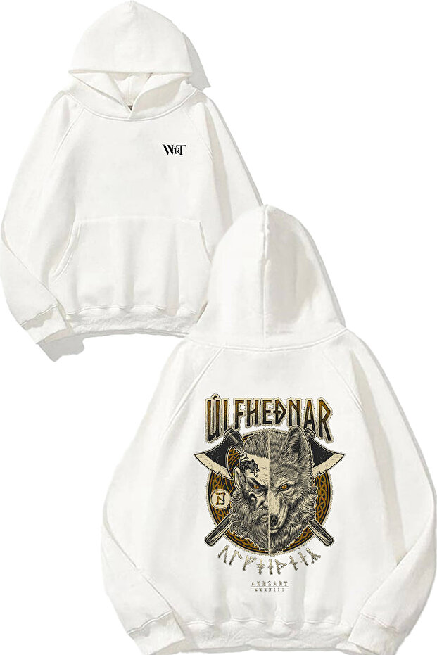 سترة Ulfhednar Wolfman Viking Design مطبوع باللون الأبيض بغطاء رأس
