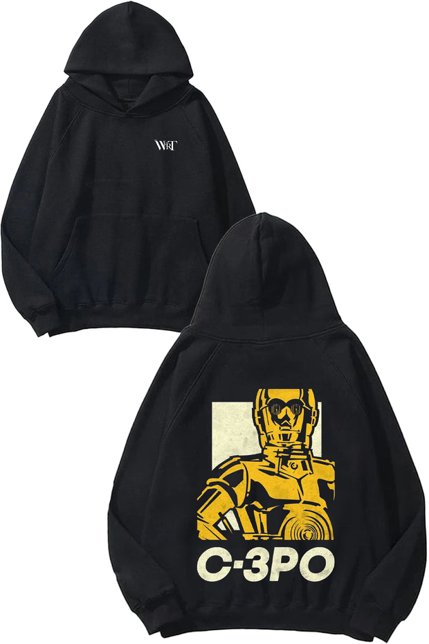 تصميم روبوت C3PO مطبوع سترة سوداء بغطاء رأس