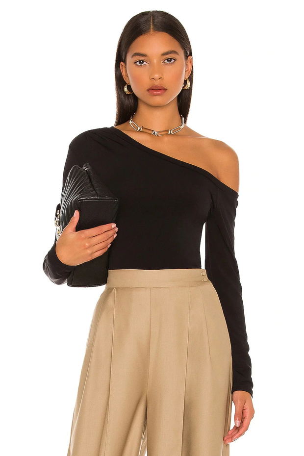 Women's Black Off Shoulder Asymmetrical One Shoulder Neckline Long Sleeve Body-Hugging Jersey Blouse