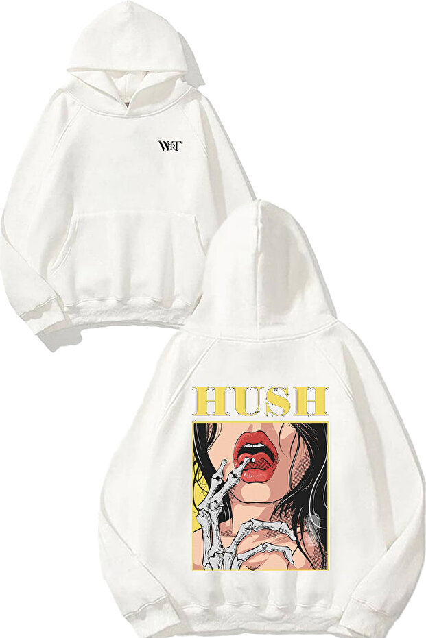 سويت شيرت Hush Yellow Design Back مطبوع أبيض بغطاء رأس
