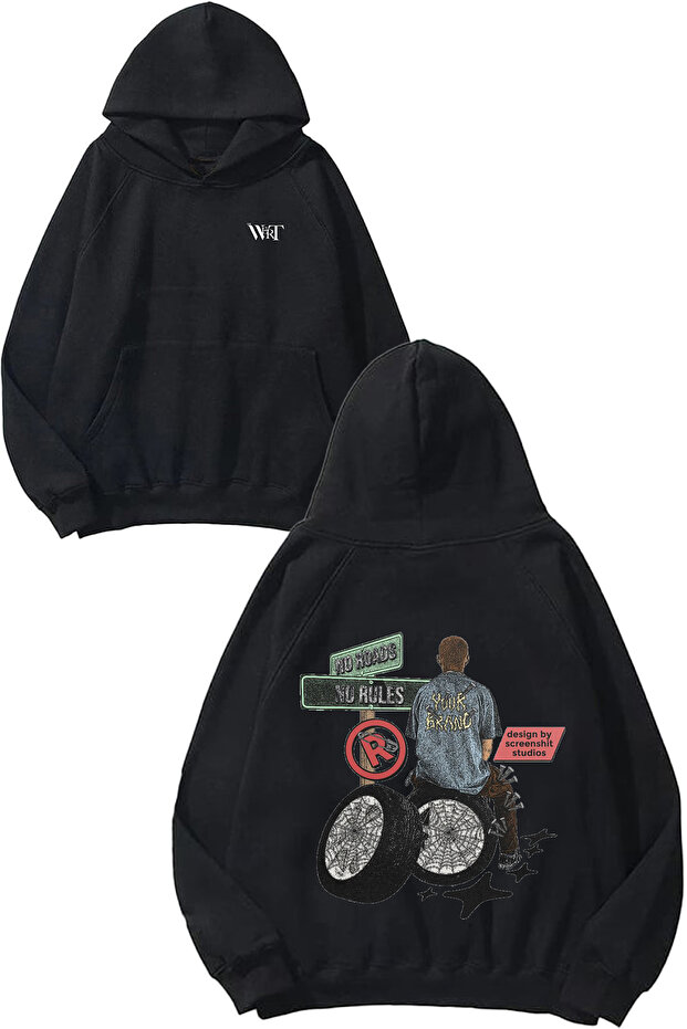 No Roads No Rules Design Back Printed Black Hooded Sweatshirt