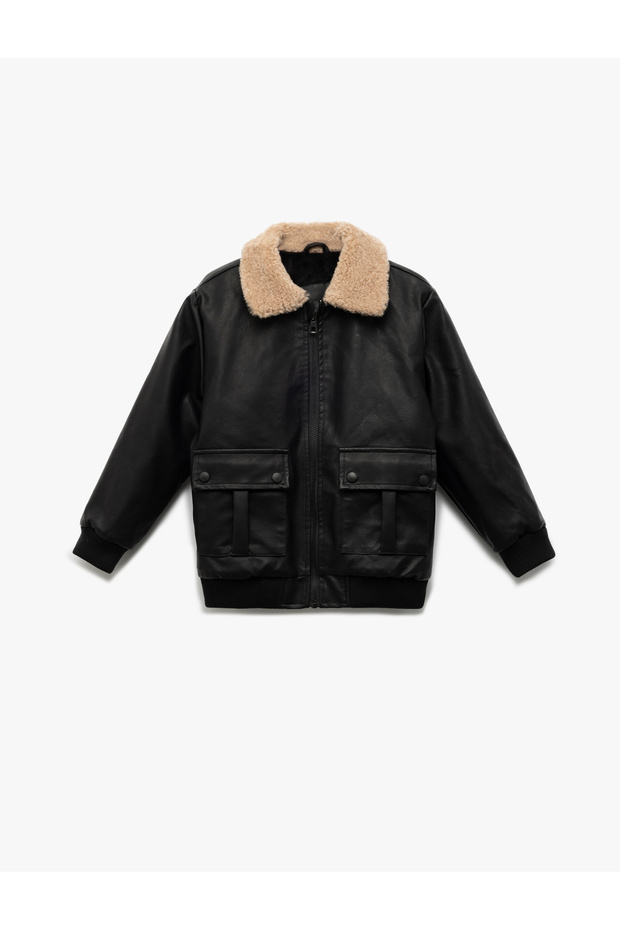 Zippered Plush Collar Pocket Bomber Leather Jacket