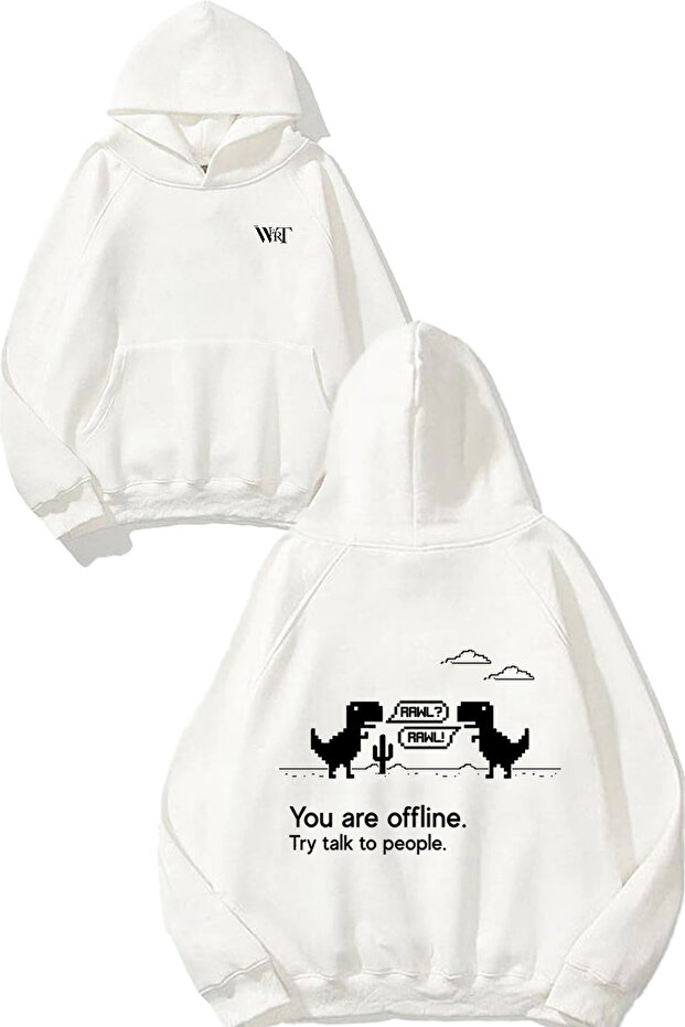 You Are Offline Design Backpack Printed White Hooded Sweatshirt