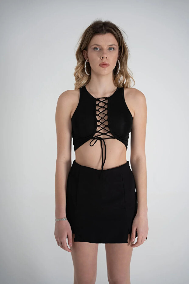 Kadın Siyah Çift Yırtmaçlı Şort Etek - 2