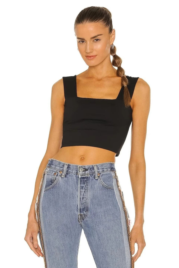Women's Black Square Neck Thick Strap Double Layer Sandy Fabric Basic Crop Top Bustier