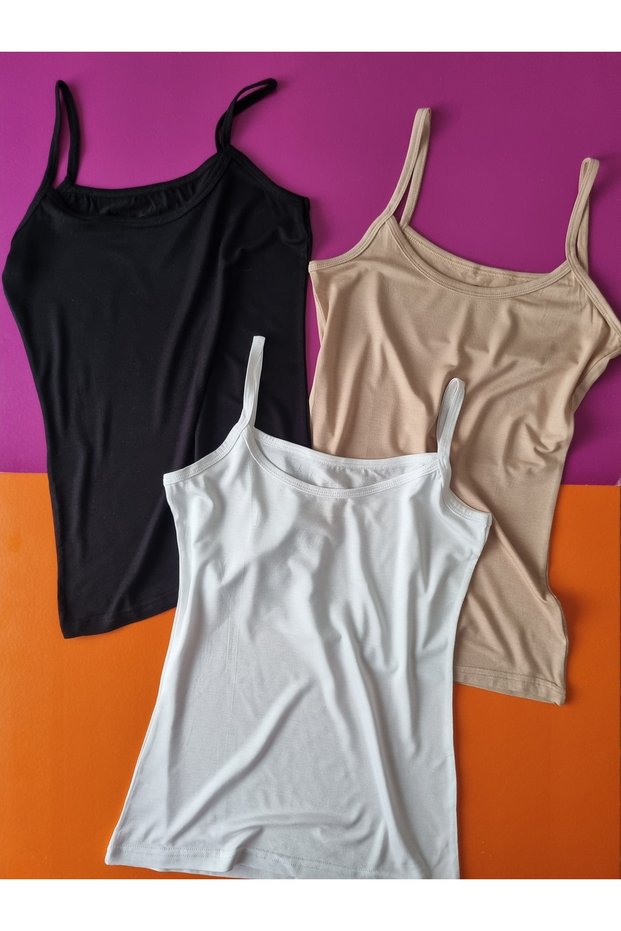 Thin Rope Strap Bamboo Fabric 3-Piece Black, Nude, and White Color Women's Tank Top