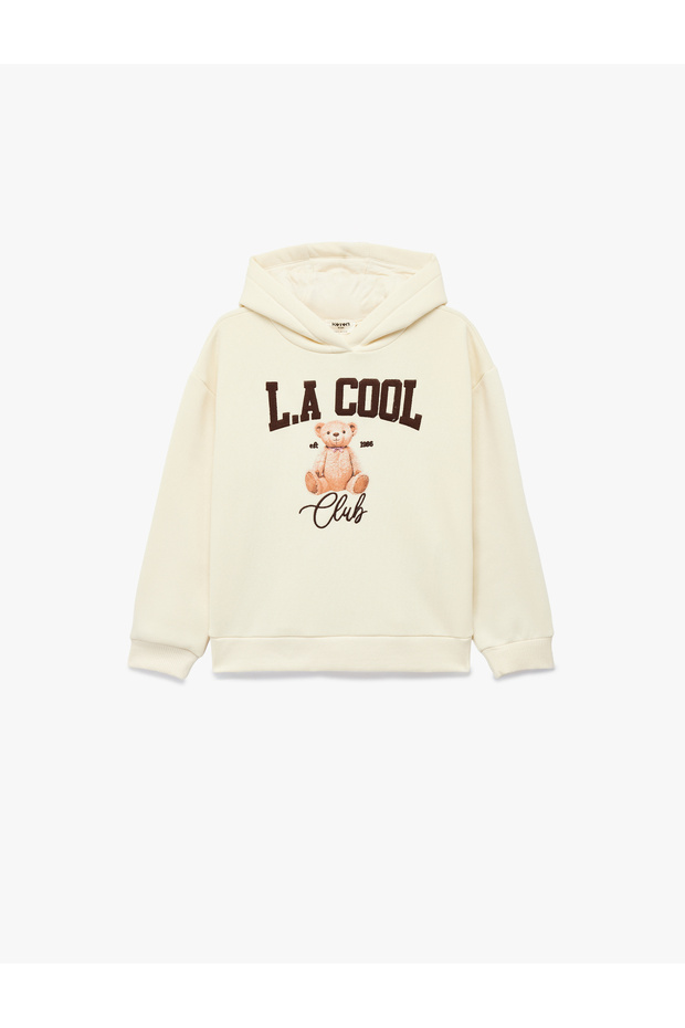 Long Sleeve Teddy Bear Print Detailed Fleece-Lined Oversized Hooded Sweatshirt