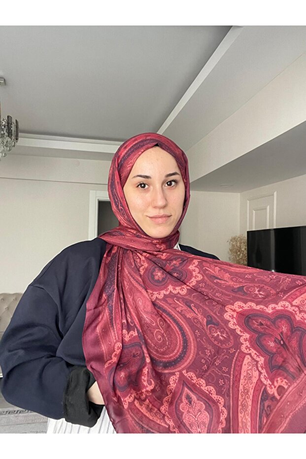 شال حرير منقوش Pd1 - أحمر كلاريت