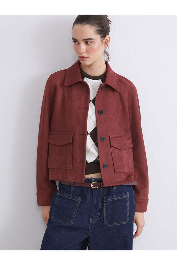 Two Mt Shop Quality Lcw Vision Burgundy Suede Look Plain Standard & Regular Women's Jacket