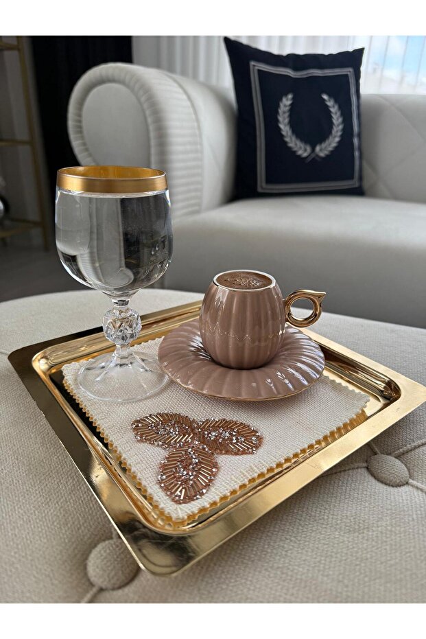 Mahi̇devran Presentation Napkin (Salmon & Gold) - Hand Stitched Luxury Coffee Set of Six (Set of 3)