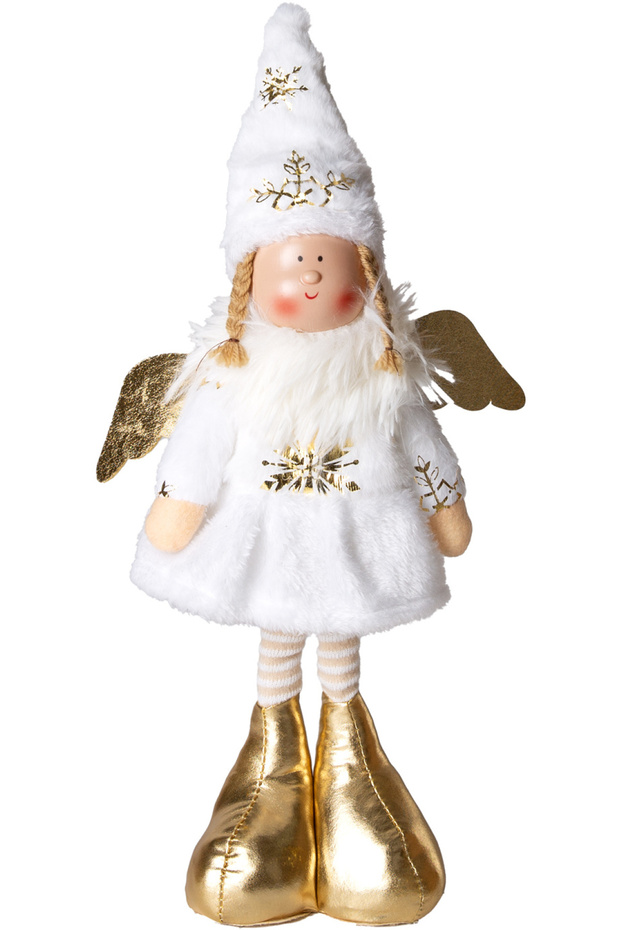 Christmas Ornament, Standing Winged Fairy Figure, White - Gold with Shoes, 17X44 cm