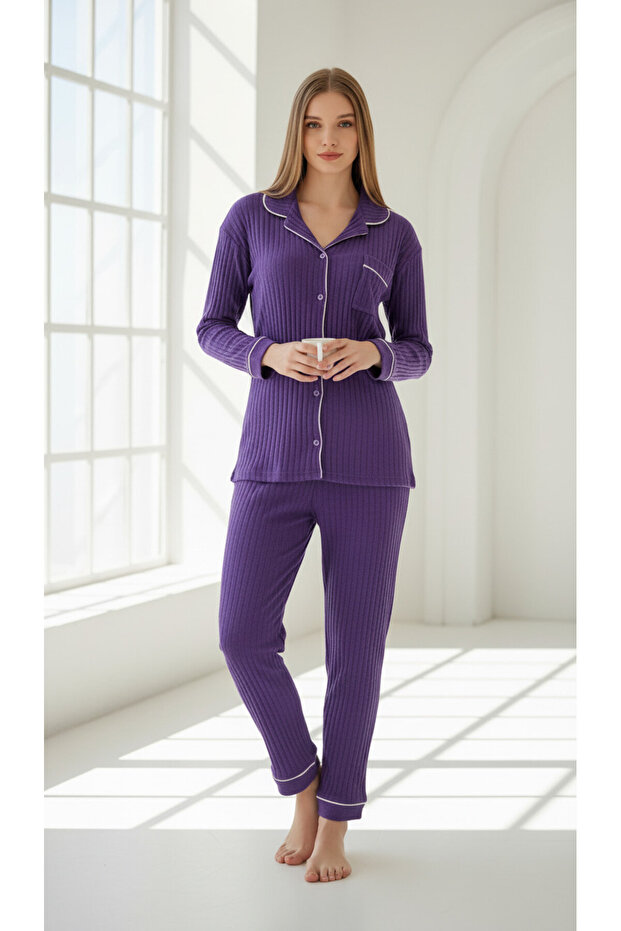 Ribbed Knit Buttoned Piped Pajama Sets - 3