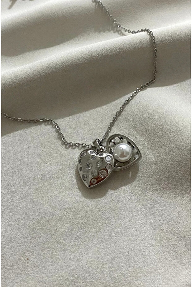 Heart Pearl Pop-Up Non-Tarnish Steel Silver Color Necklace