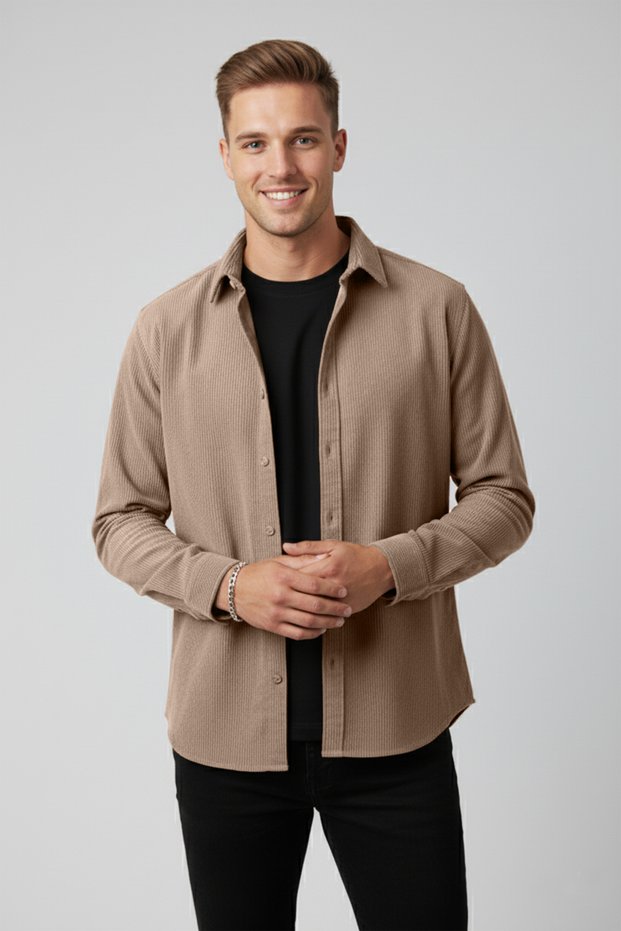 Men's Beige Velvet Corded Fabric Relaxed Fit Shirt Soft Textured Stretch Fabric Velvet Shirt 2600758
