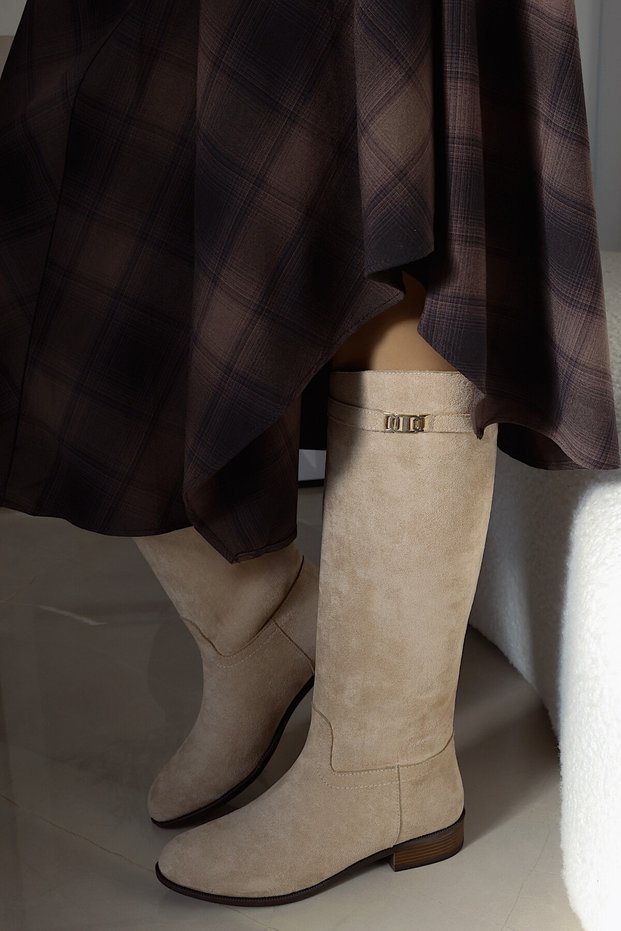 Daily Flat Sole Detachable Belt Buckle Riding Boots Women's Shoes Bitter Brown