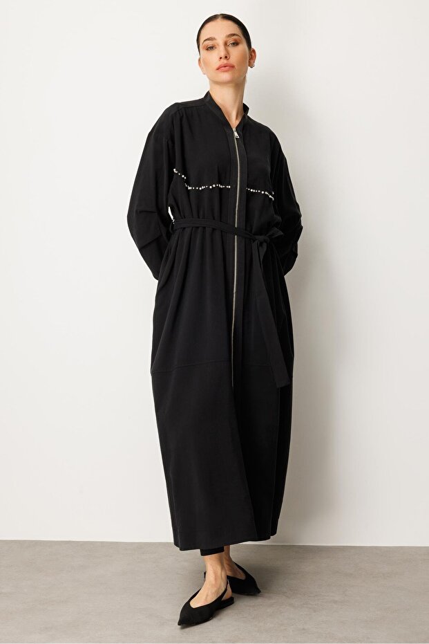 Soft Modal İçerikli Modal Garnili ve Taş İşlemeli Zamansız Ferace Kap-Siyah - 3