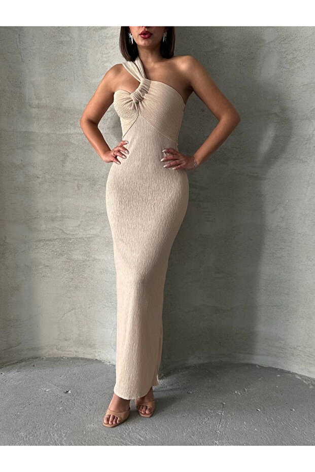 Tek omuz pliseli elbise - 1