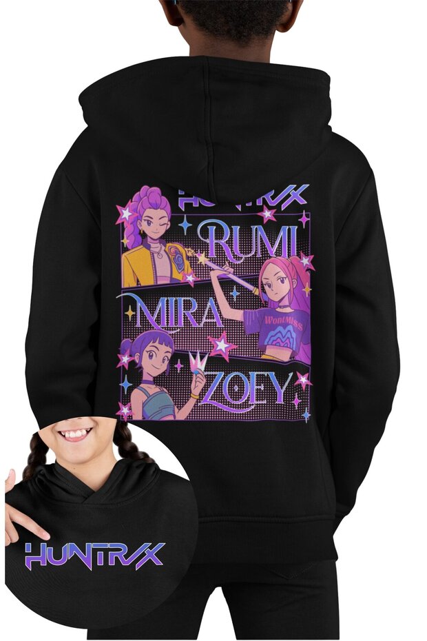 Huntrix Characters Back Printed Children Hooded Sweatshirt, Kpop Demon Hunters Themed Hoodie