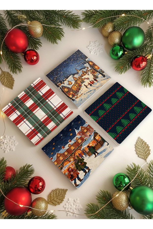 Christmas City Pine Tree and Lighted Streets Natural Stone Coasters, Christmas Gift, Set of 4, Home Decor