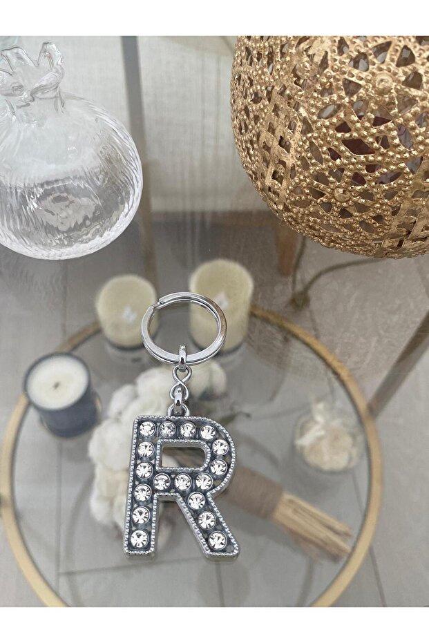 R Harf Zirconium Stone Steel Keychain & Charm