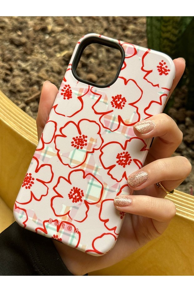 iPhone 13/14 Compatible Red Floral Pattern Glossy Silicone Phone Case
