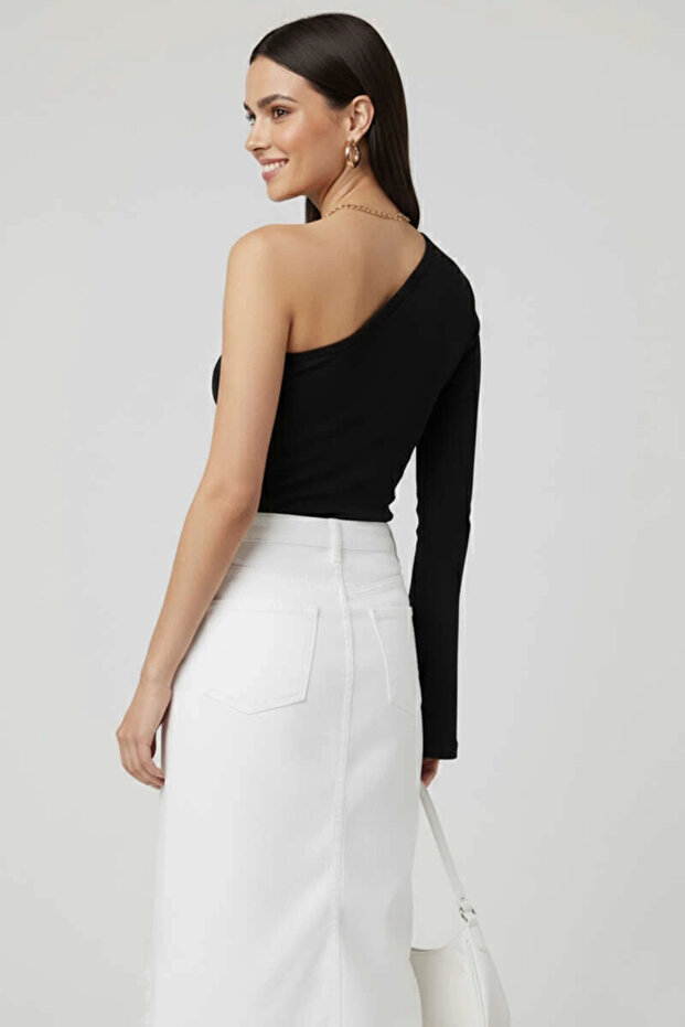 Tek Omuzlu Basic Bluz Siyah T4275 - 3