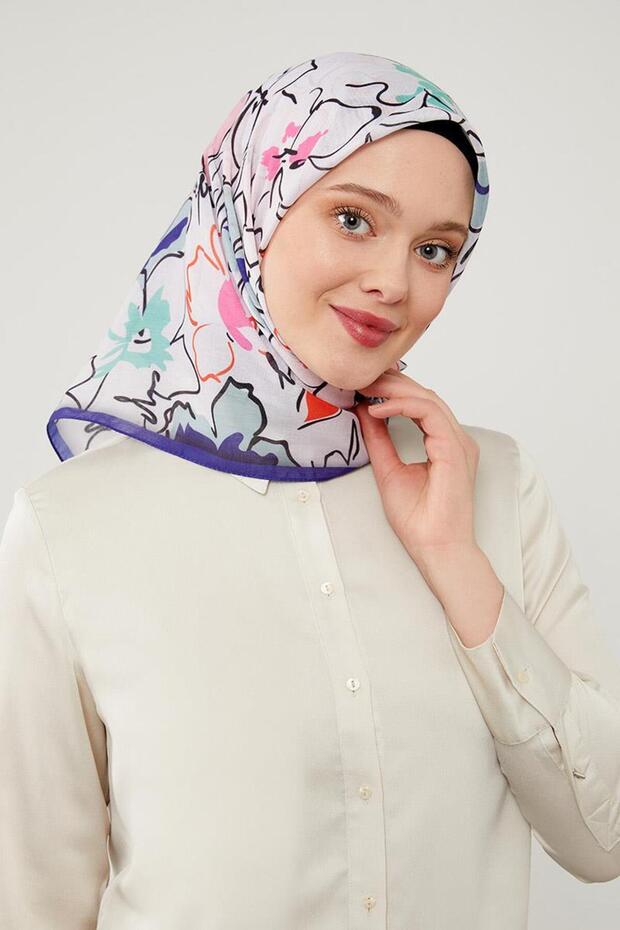 Mor Yonca Desen Soft Cotton Eşarp - 1