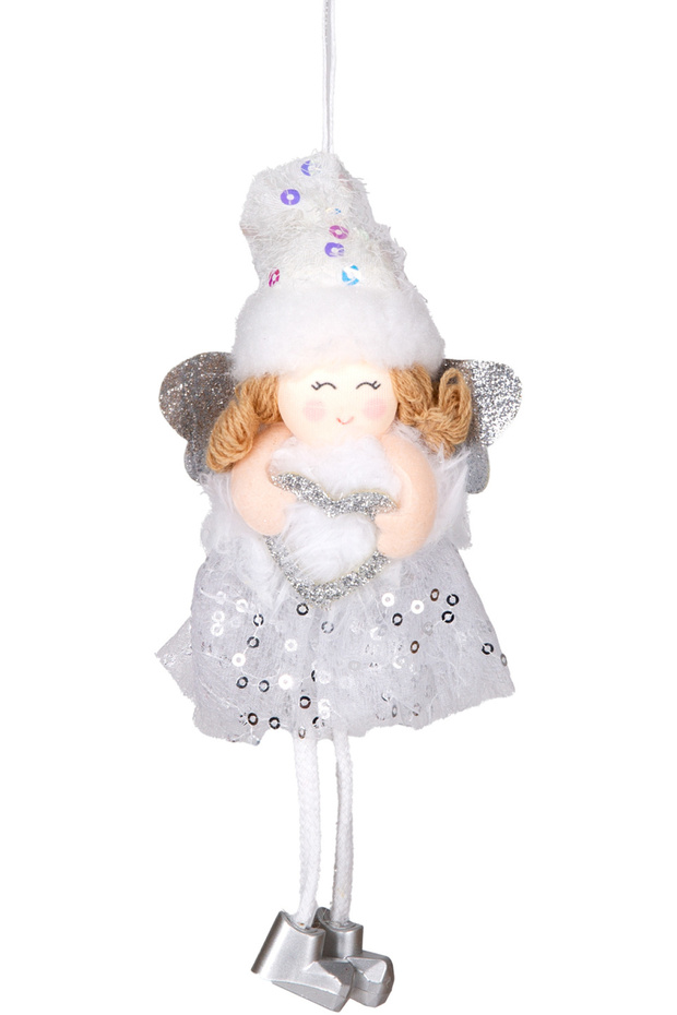 Christmas Ornament, with Fairy Figure, Holding a Heart, Lame-White - 9X19 cm