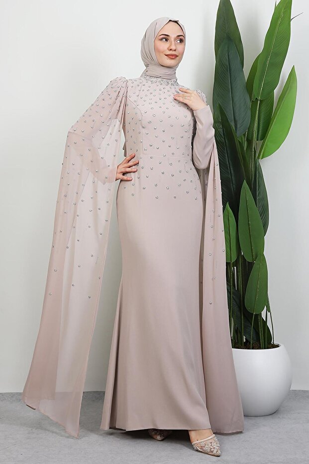 Perihan Stone Evening Dress Beige
