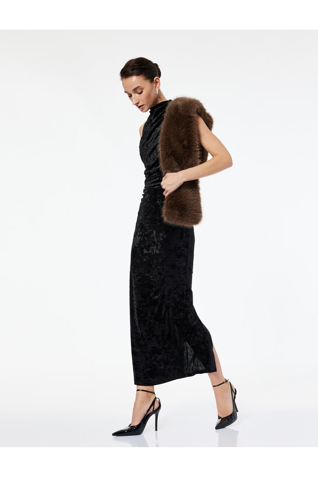 Draped Sleeveless Lightweight Mock Neck Textured Long Velvet Pencil Dress with Slit Detail