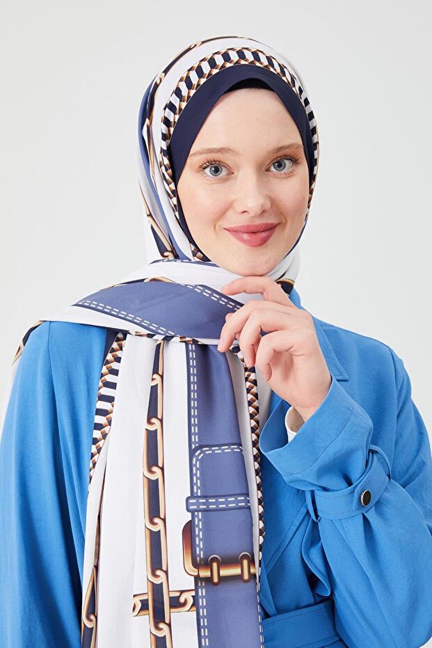 Navy Blue Chain Pattern Violet Medina Silk Shawl