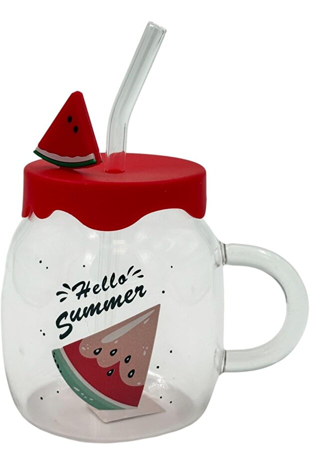 كوب زجاجي بتصميم البطيخ من BandDTools Hello Summer مع غطاء أحمر وقشة