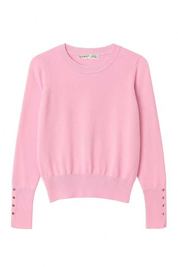 6736 Women's Crew Neck Sleeve Drop Knit Sweater Pink