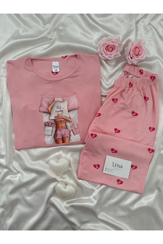 Pink Print Detailed Long Sleeve Milan Pajama Set