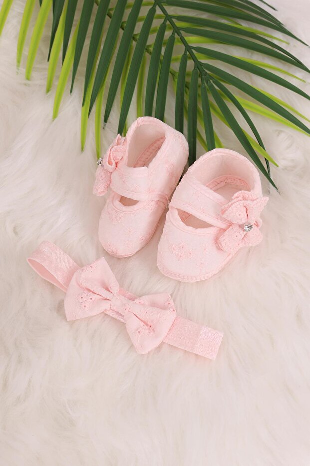 Pink Ruffled Ribbon Baby Girl Booties Bandana Set