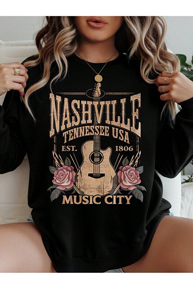 Harf & Gitar Printed Round Neck Long Sleeve Sweatshirt