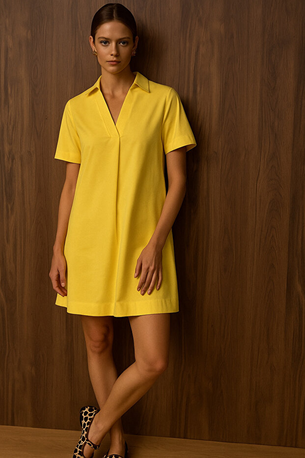 V-Neck Short Sleeve Yellow Shirt Dress