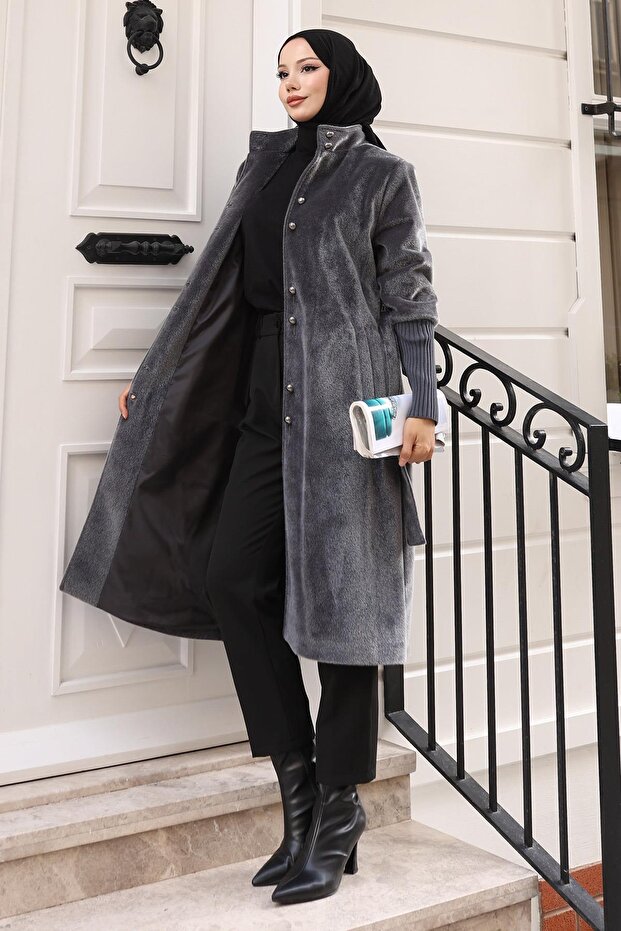 Brooch Detailed Coat Gray 19279