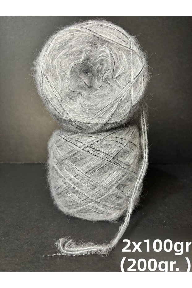 Gray (2 Ply) Thin Mohair, Silver Glitter (3 Ply Winding) Custom Design Knitting Yarn 200Gr