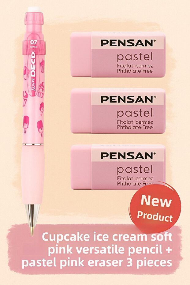 Cupcake 0.7 Versatile Pen + Pastel Pink Eraser Set of 3