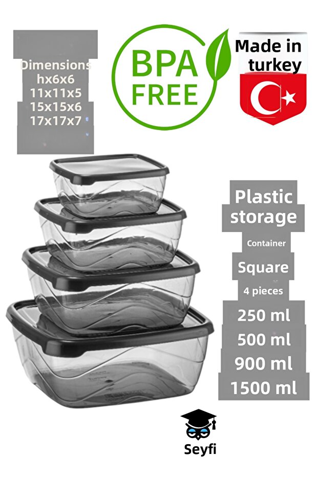 Plastic Storage Container Square 4-Piece Set 250 ml 500 ml 900 ml 1500 ml