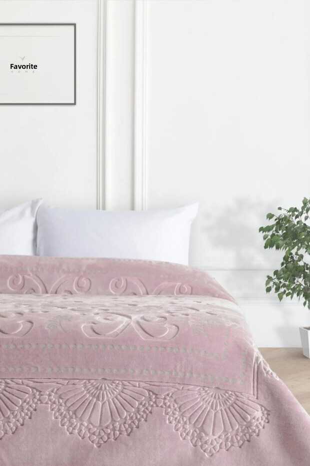 Pırıltı Embos Double Size Silver Detailed Blanket - Powder-Silver