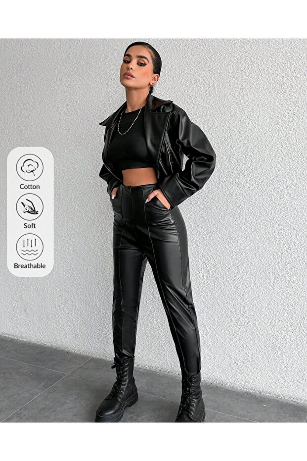 Women's Black Tight-Leg Leather Pants