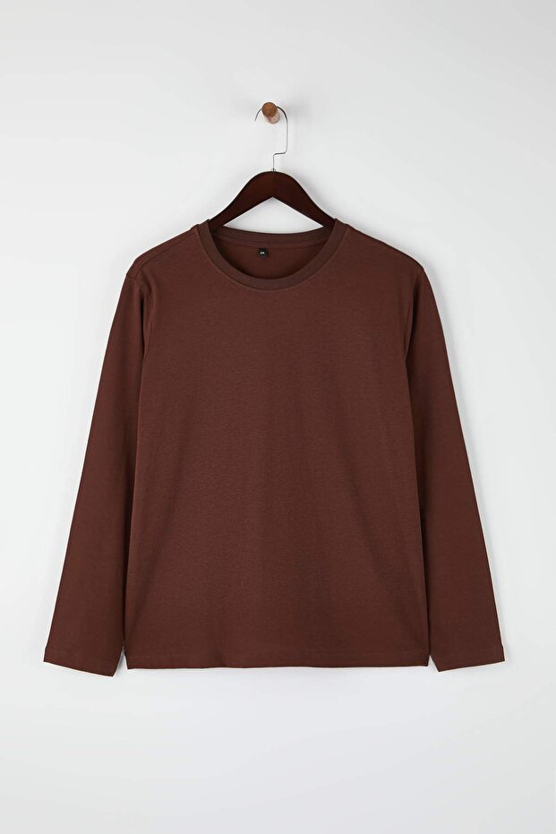 Kahverengi %100 Pamuk Uzun Kollu Bisiklet Yaka Regular Basic Örme Büyük Beden T-Shirt TBBAW26BF00000 - 5
